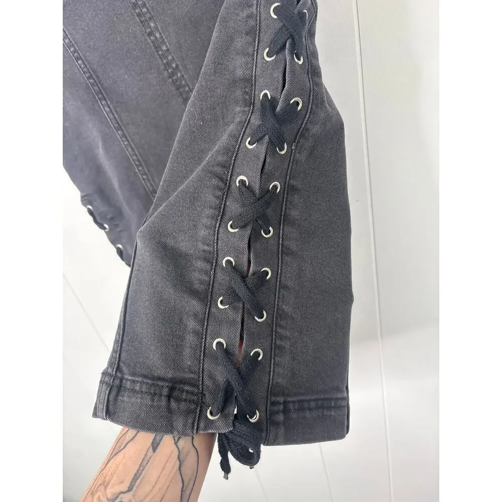 NWT Free People Black Denim Skirt Size 2 Lace Up Side Straight Pencil Edgy Goth